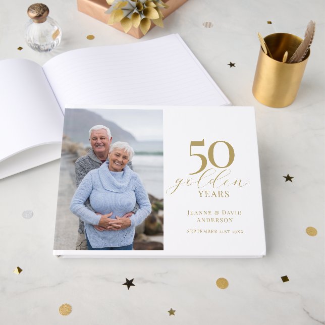 50th Wedding Anniversary Elegant 50 Golden Years Guest Book (Front Open)
