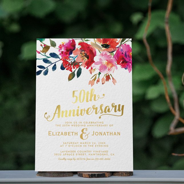 50th Wedding Anniversary Elegant Gold Floral Invitation (Creator Uploaded)