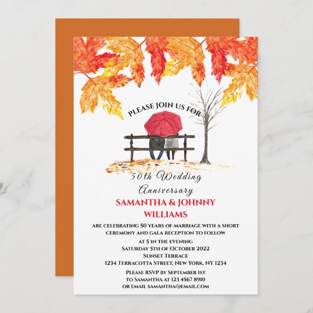 50th Wedding Anniversary Fall Autumn Orange Leaves Invitation (Front/Back)