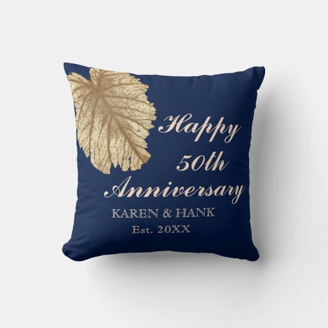 50th Wedding Anniversary Faux Gold Leaf Blue Throw Pillow (Front)