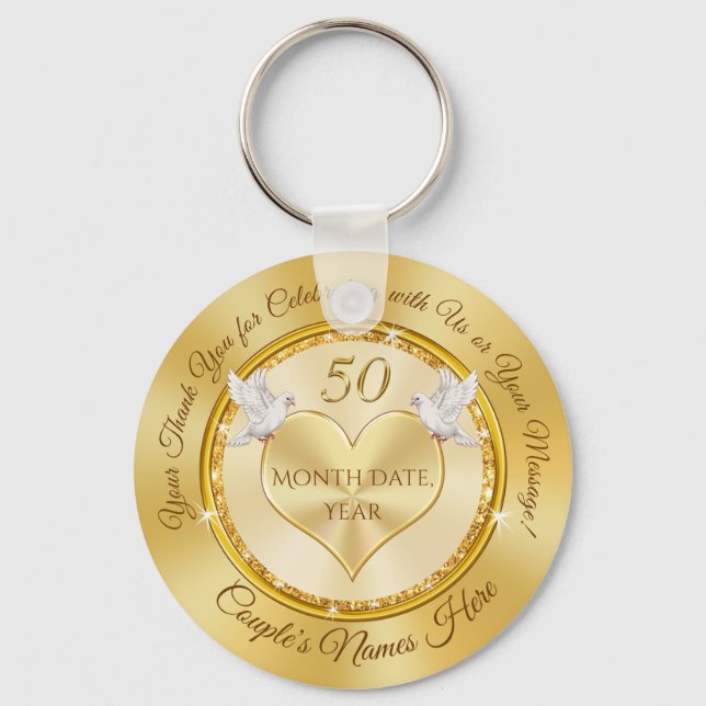 50th Wedding Anniversary Favours, Love Doves, Hear Keychain (Front)