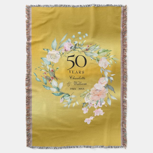 50th Wedding Anniversary Floral Gold Foil Throw Blanket (Front Vertical)