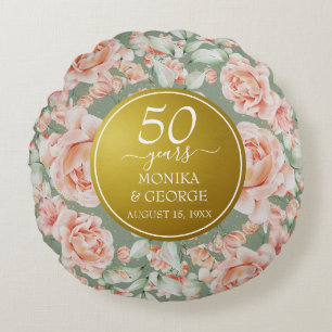 50th Wedding Anniversary Floral Gold Photo Round Pillow