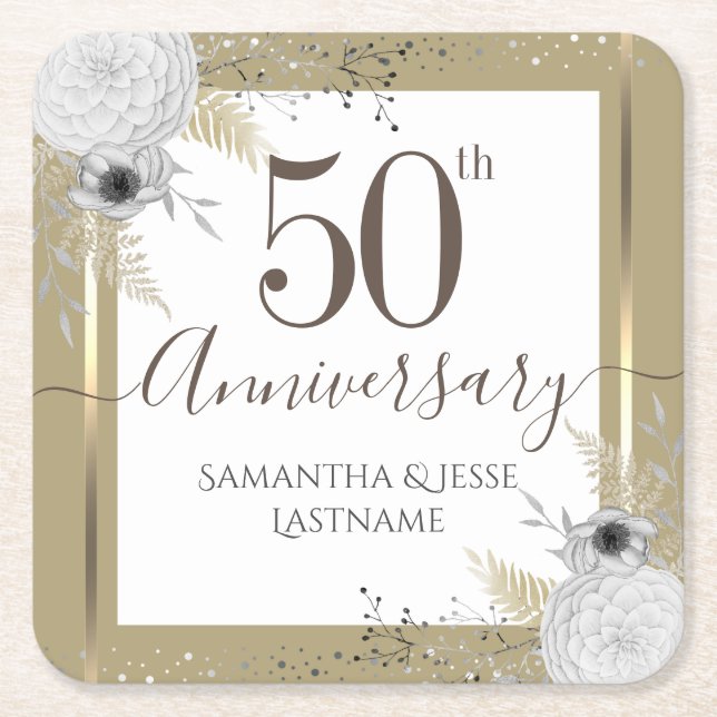 50th Wedding Anniversary Floral Square Paper Coast Coaster (Front)