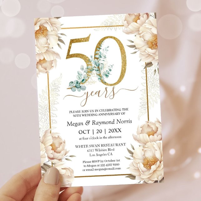 50th Wedding Anniversary Floral White Peony Gold Invitation (Creator Uploaded)