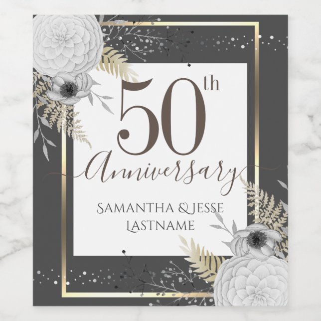 50th Wedding Anniversary Floral Wine Label (Single Label)