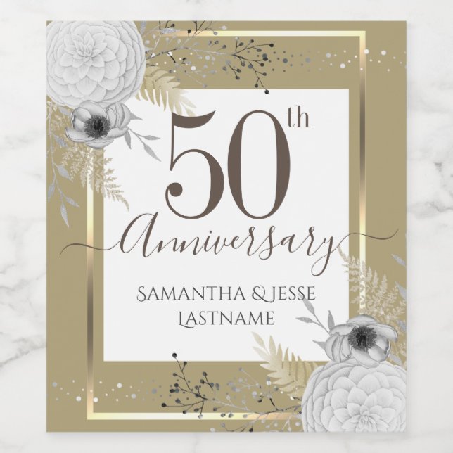 50th Wedding Anniversary Floral Wine Label (Single Label)