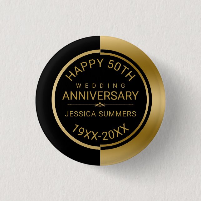 50th Wedding Anniversary Geometric Black & Gold 1 Inch Round Button (Front)