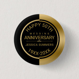 50th Wedding Anniversary Geometric Black & Gold 1 Inch Round Button