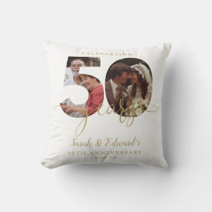 50th Wedding Anniversary Gold 2 Photo Throw Pillow