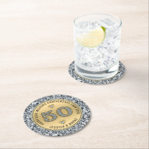50th wedding anniversary gold and white diamonds round paper coaster
