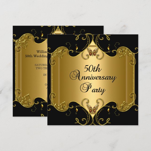 50th Wedding Anniversary Gold Black Butterfly Invitation (Front/Back)
