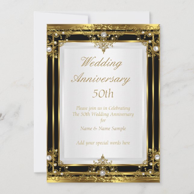 50th Wedding Anniversary Gold Black White Pearl 2 Invitation (Front)