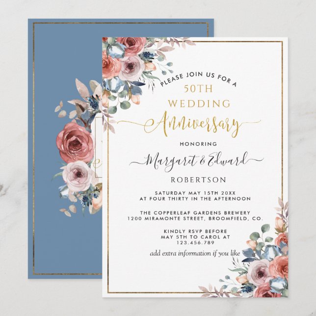 50th Wedding Anniversary, Gold Blue Blush Floral Invitation (Front/Back)