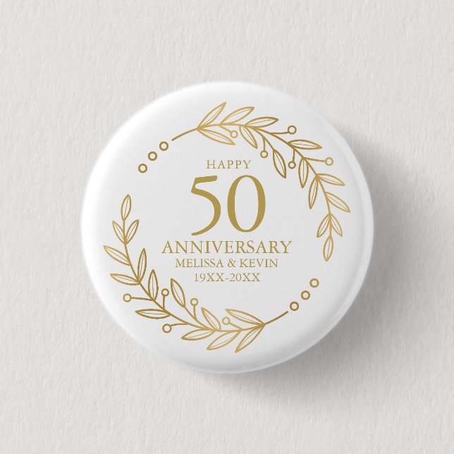 50th Wedding Anniversary Gold Botanicl Frame 1 Inch Round Button (Front)