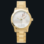 50th wedding anniversary gold couple photo watch<br><div class="desc">Template for your own photo. A wedding photo or a photo of husband and wife.  A white frame black black text. White numbers from 9 to 3.  With the text: 50th Wedding Anniversary.  The perfect gift for a gold wedding anniversary.</div>