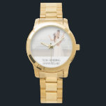 50th wedding anniversary gold couple photo watch<br><div class="desc">Template for your own photo. A wedding photo or a photo of husband and wife.  A white frame black black text. White numbers from 9 to 3.  With the text: 50th Wedding Anniversary.  The perfect gift for a gold wedding anniversary.</div>