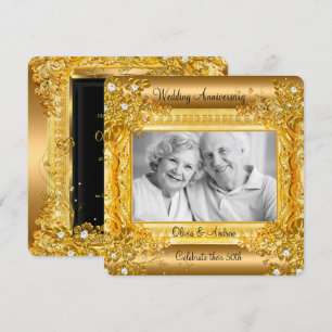 50th Wedding Anniversary Gold Diamond Floral Photo Invitation