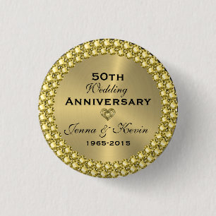 50th Wedding Anniversary Gold & Diamonds 1 Inch Round Button
