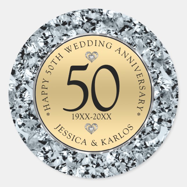 50th wedding anniversary gold & diamonds classic round sticker (Front)