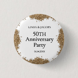 50th Wedding Anniversary Gold Faux Glitter  1 Inch Round Button