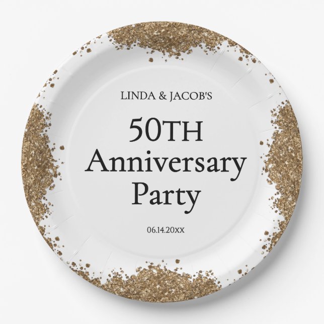 50th Wedding Anniversary Gold Faux Glitter  Paper Plate (Front)