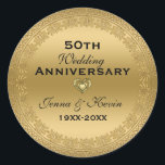 50th Wedding Anniversary Gold Floral Circle Classic Round Sticker<br><div class="desc">Elegant 50th wedding anniversary metallic gold print with customizable text. Heart-in-heart diamond design accent</div>