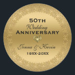 50th Wedding Anniversary Gold Floral Circle Classic Round Sticker<br><div class="desc">Elegant 50th wedding anniversary metallic gold print with customizable text. Heart-in-heart diamond design accent</div>