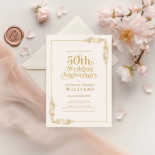 50th Wedding Anniversary Gold Floral Frame Invitation