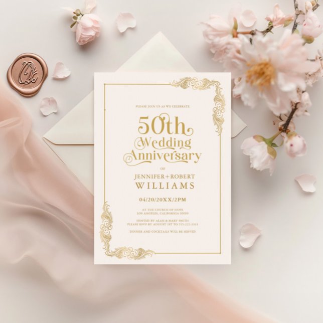 50th Wedding Anniversary Gold Floral Frame Invitation (Creator Uploaded)