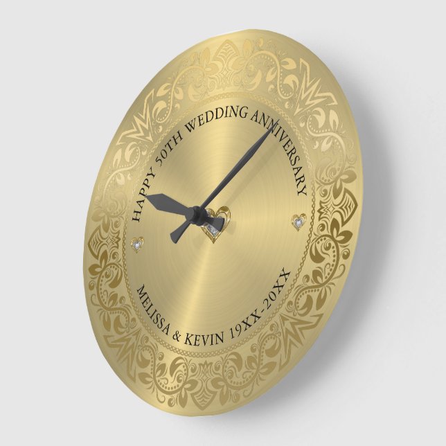 50th Wedding Anniversary Gold Floral Frame Large Clock (Angle)
