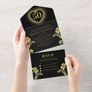 50th Wedding Anniversary Gold Floral Modern All In One Invitation