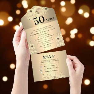 50th Wedding Anniversary Gold Floral Modern All In One Invitation