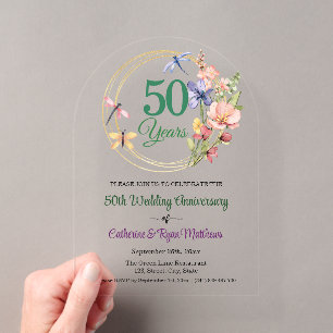 50th Wedding Anniversary Gold Frame Floral Acrylic Invitations