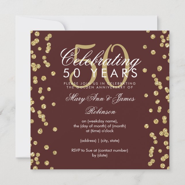 50th Wedding Anniversary Gold Glitter Burgundy  Invitation (Front)