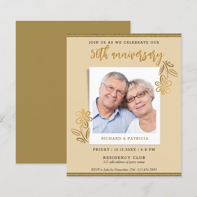 50th Wedding Anniversary Gold Glitter Floral Photo (Front/Back)