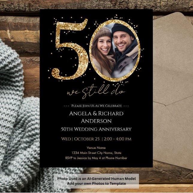 50th Wedding Anniversary Gold Glitter Photo Invitation (Creator Uploaded)