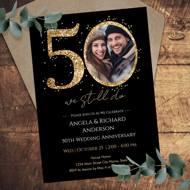 50th Wedding Anniversary Gold Glitter Photo Invitation (Creator Uploaded)