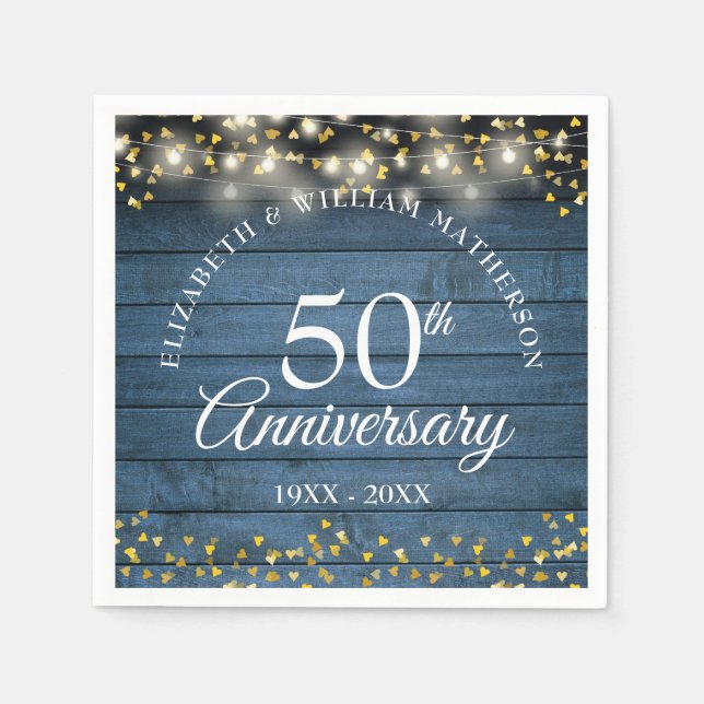 50th Wedding Anniversary Gold Hearts Blue Rustic Napkin (Front)