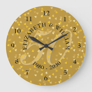 50th Wedding Anniversary Gold Hearts Confetti Large Clock