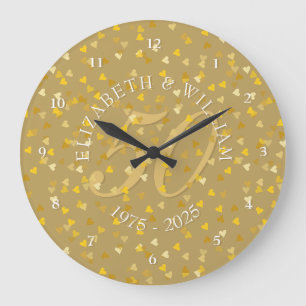 50th Wedding Anniversary Gold Hearts Confetti Large Clock