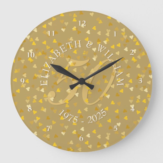50th Wedding Anniversary Gold Hearts Confetti Large Clock (Front)