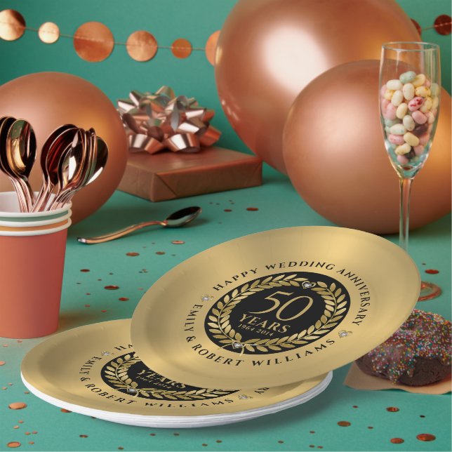 50th wedding anniversary Gold laurel wreath Paper Plate (Multi)
