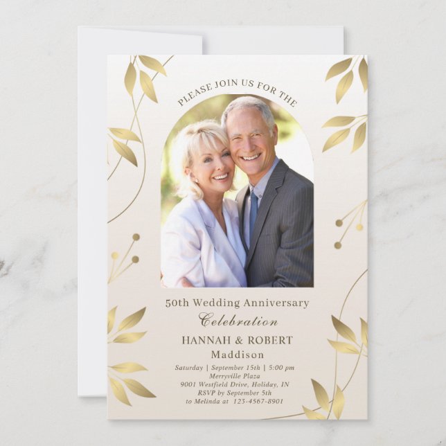 50th Wedding Anniversary Gold Leaves Invitation (Front)