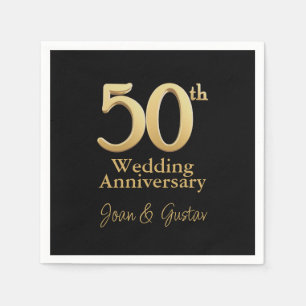 50th Wedding Anniversary   Gold Lettering   Black Napkin