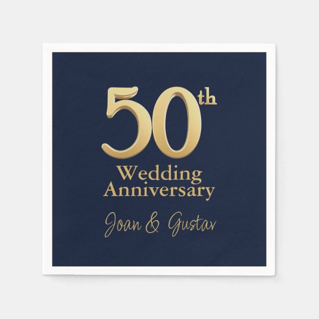 50th Wedding Anniversary | Gold Lettering | Blue Napkin (Front)
