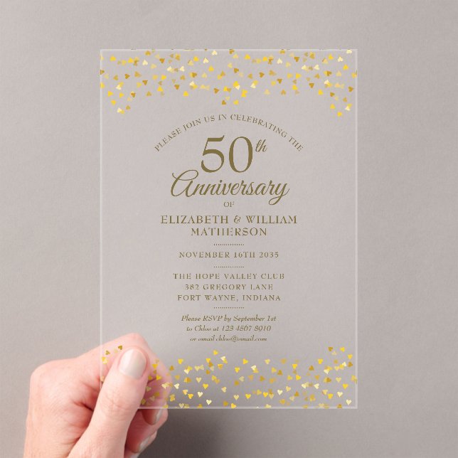 50th Wedding Anniversary Gold Love Hearts Confetti Acrylic Invitations (Insitu (Handheld))