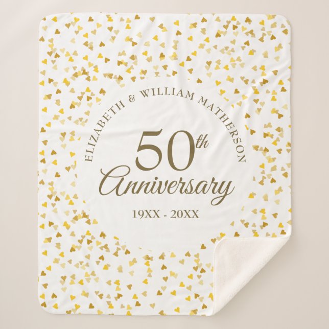 50th Wedding Anniversary Gold Love Hearts Confetti Sherpa Blanket (Front)