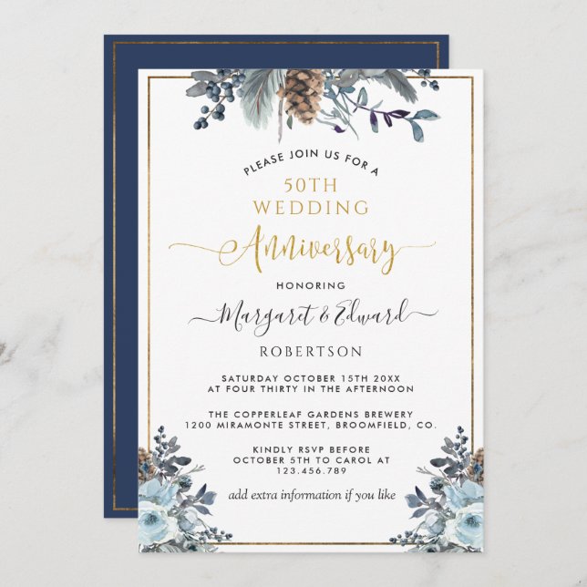 50th Wedding Anniversary, Gold, Navy Blue Floral Invitation (Front/Back)