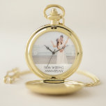 50th wedding anniversary gold photo couple pocket watch<br><div class="desc">Template for your own photo. A wedding photo or a photo of husband and wife.  A white frame black black text. White numbers from 9 to 3.  With the text: 50th Wedding Anniversary. The perfect gift for a gold wedding anniversary!</div>